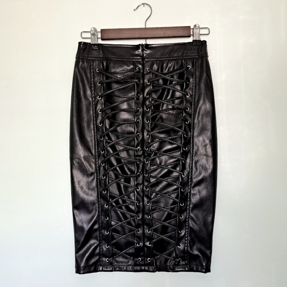 Faux Leather Lace Up Skirt - Picture 2 of 9